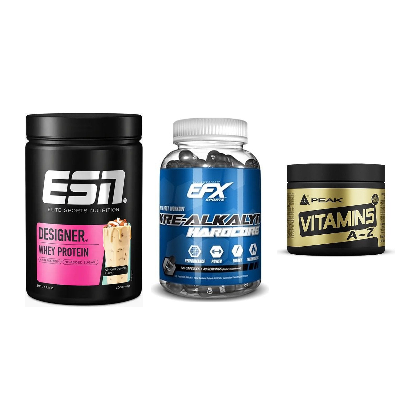 Einsteiger-Set: ESN Designer + EFX Kre-Alkalyn + Peak Vitamin A-Z – alle enthaltenen Artikel