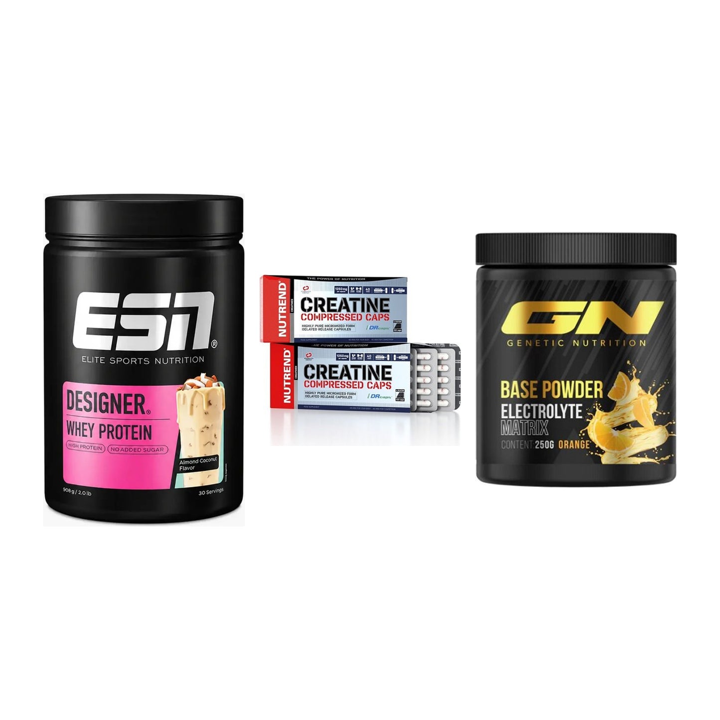 Einsteiger-Set: ESN Designer + Nutrend Creatine + GN Base Powder – alle enthaltenen Artikel