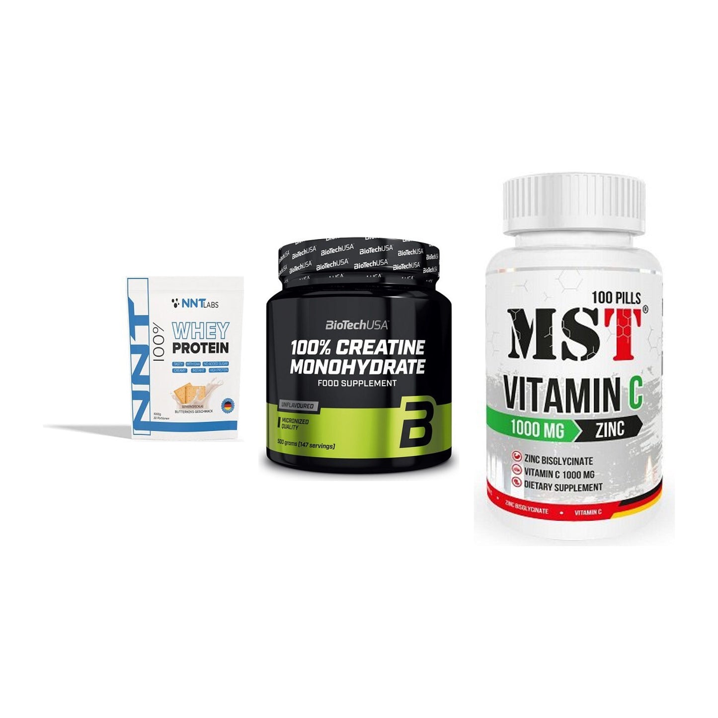 Einsteiger-Set: NNT Whey + BioTech Creatine + MST Vitamin C – alle enthaltenen Artikel