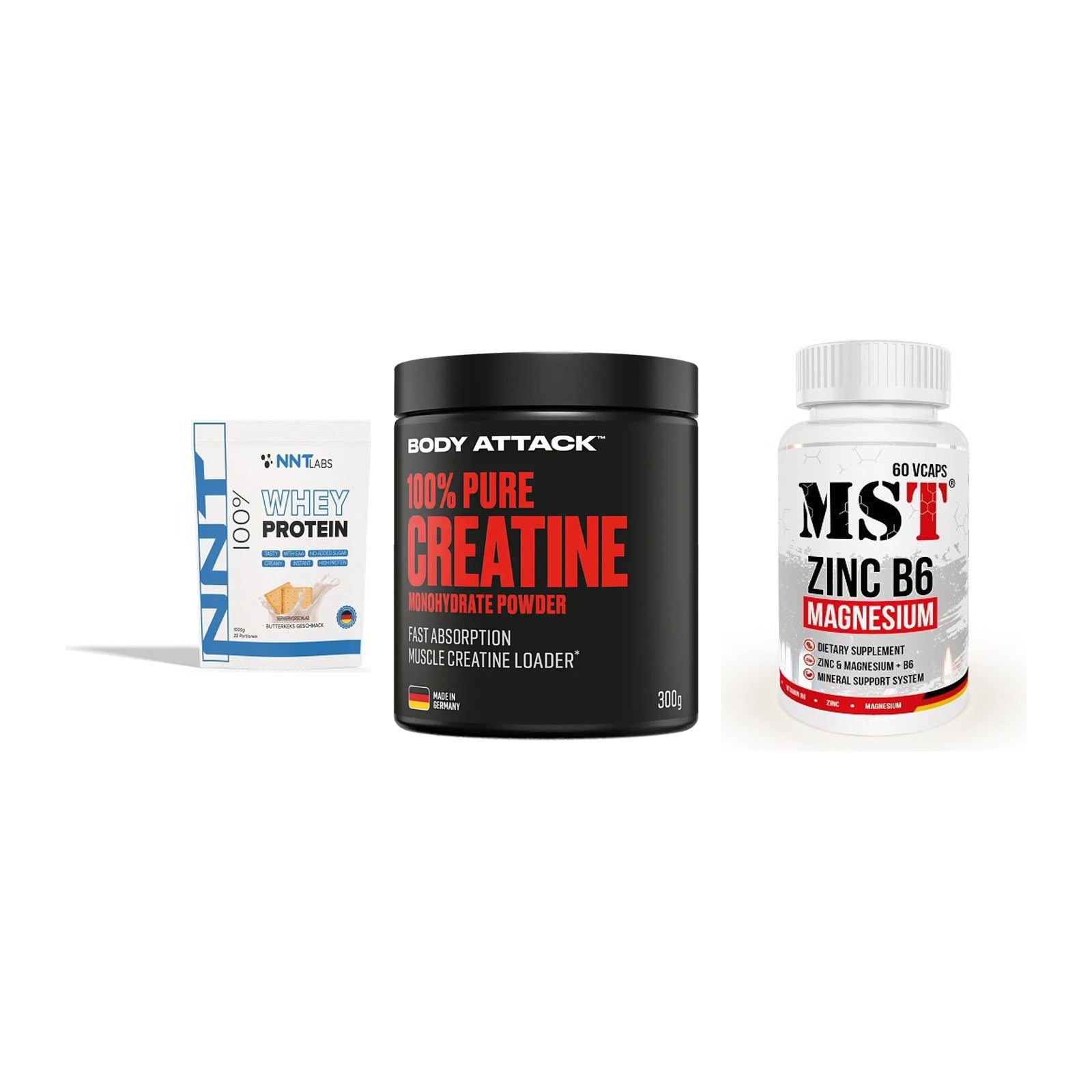 Einsteiger-Set: NNT Whey + Body Attack 100% + MST Zinc – alle enthaltenen Artikel