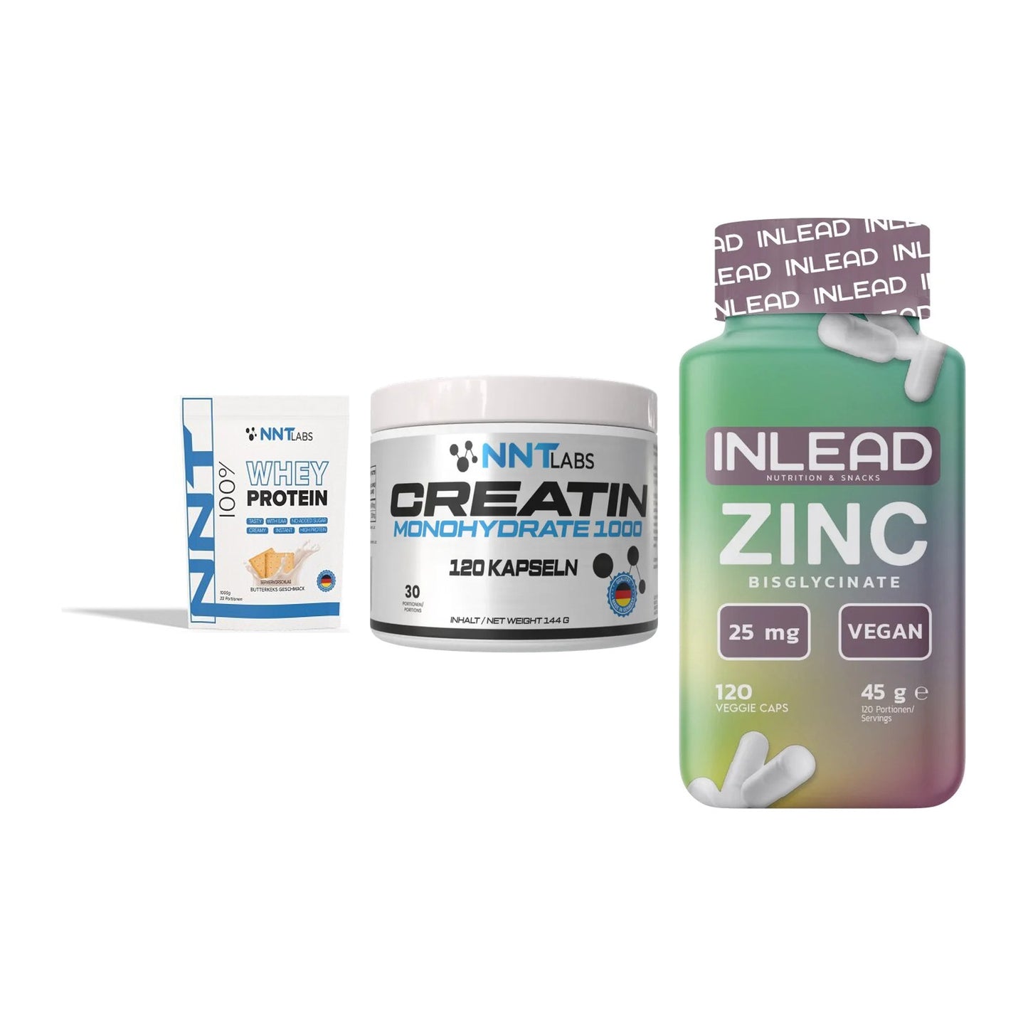 Einsteiger-Set: NNT Whey + NNT Creatin 1000 + INLEAD Zink – alle enthaltenen Artikel