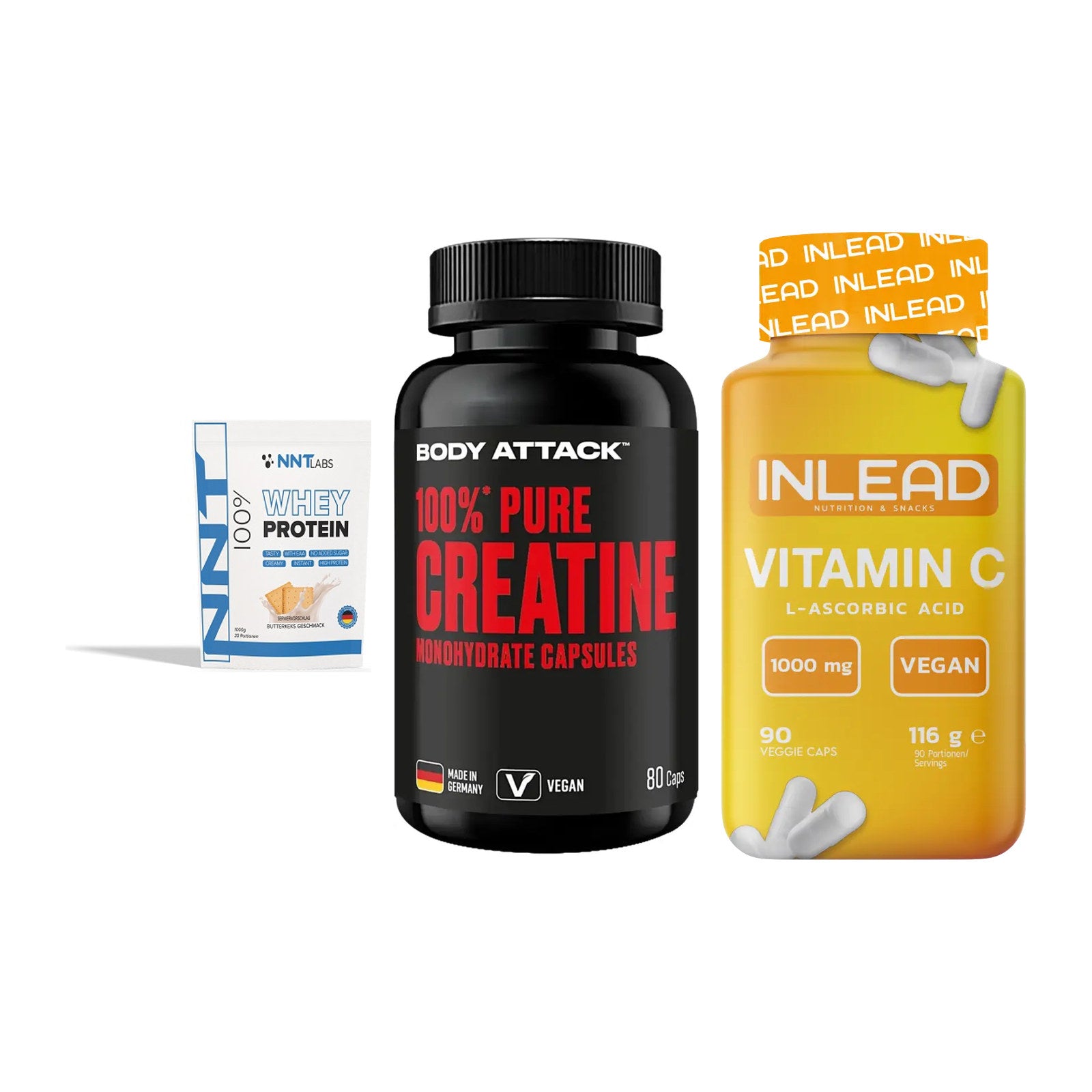 Einsteiger-Set: NNT Whey + Body Attack 100% + INLEAD Vitamin C – alle enthaltenen Artikel