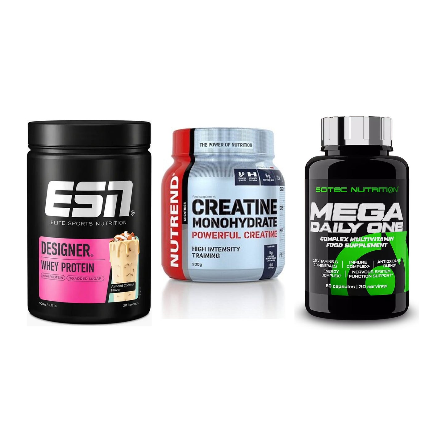 Einsteiger-Set: ESN Designer + Nutrend Creatine + Scitec Mega – alle enthaltenen Artikel