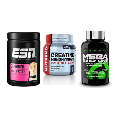 Einsteiger-Set: ESN Designer + Nutrend Creatine + Scitec Mega – alle enthaltenen Artikel
