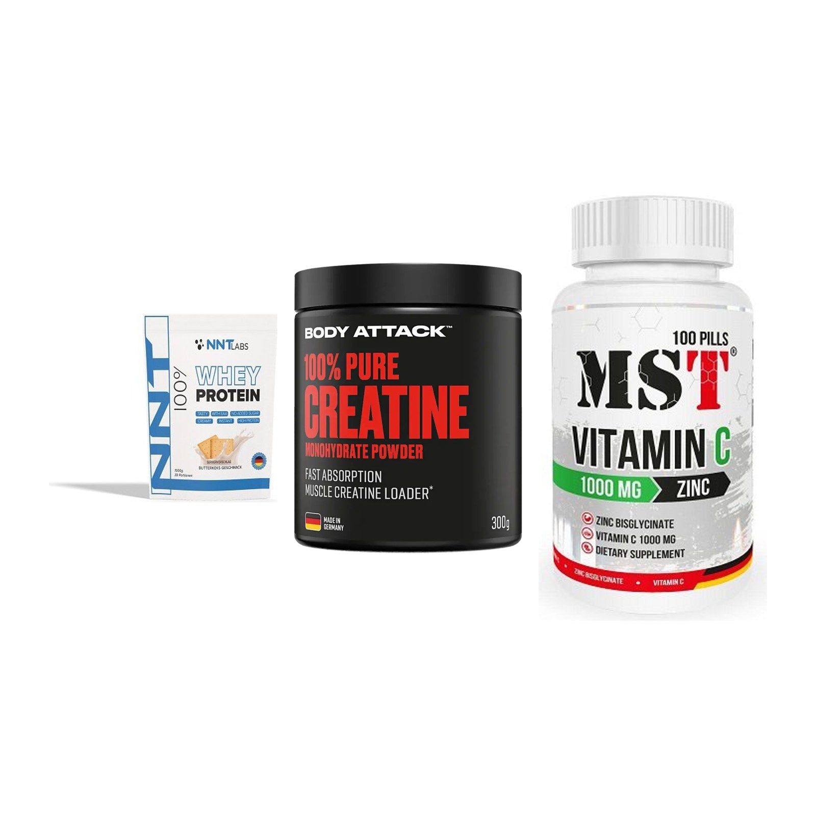 Einsteiger-Set: NNT Whey + Body Attack 100% + MST Vitamin C – alle enthaltenen Artikel