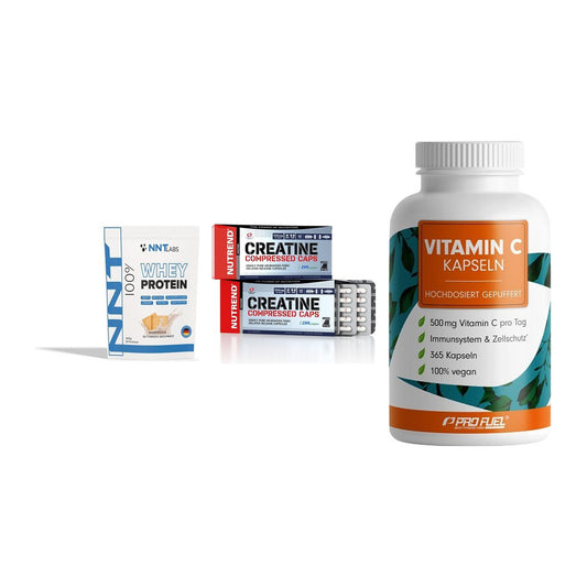 Einsteiger-Set: NNT Whey + Nutrend Creatine + ProFuel Vitamin – alle enthaltenen Artikel