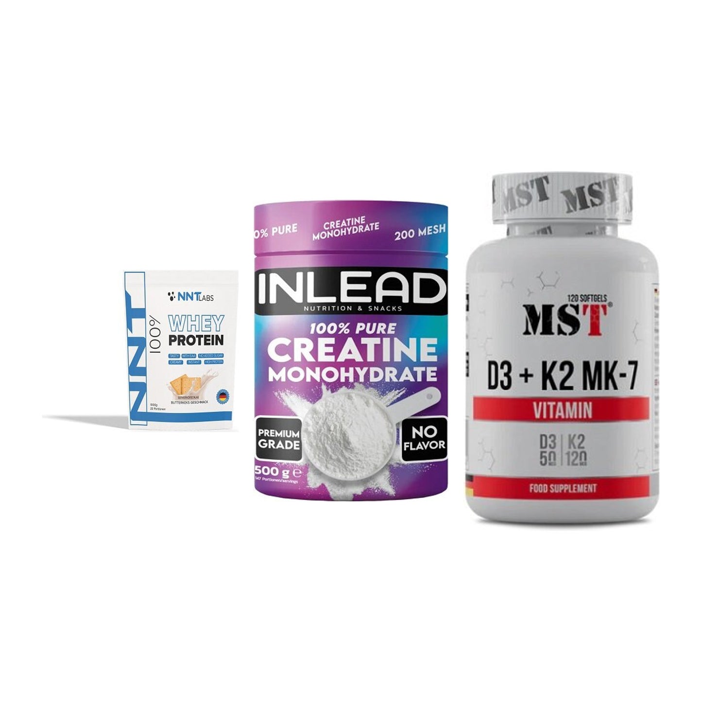 Einsteiger-Set: NNT Whey + INLEAD Creatine + MST Vitamin D3 – alle enthaltenen Artikel