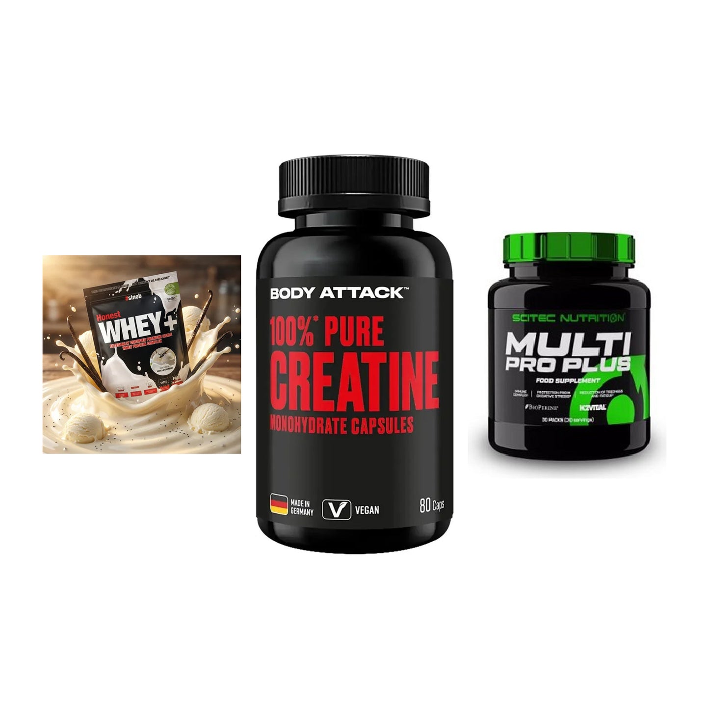 Einsteiger-Set: Sinob Honest + Body Attack 100% + Scitec Multi Pro – alle enthaltenen Artikel