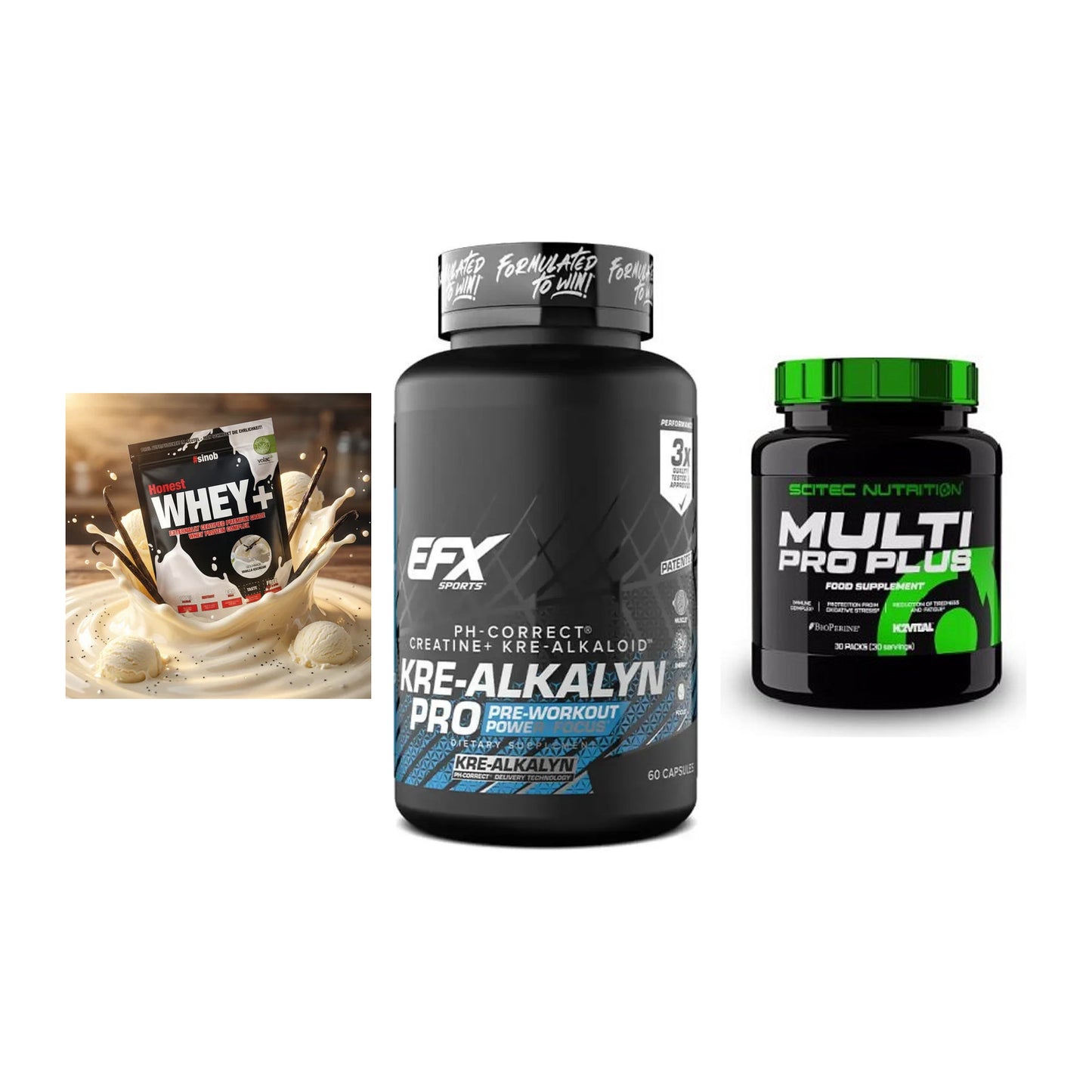 Einsteiger-Set: Sinob Honest + EFX Kre-Alkalyn + Scitec Multi Pro – alle enthaltenen Artikel