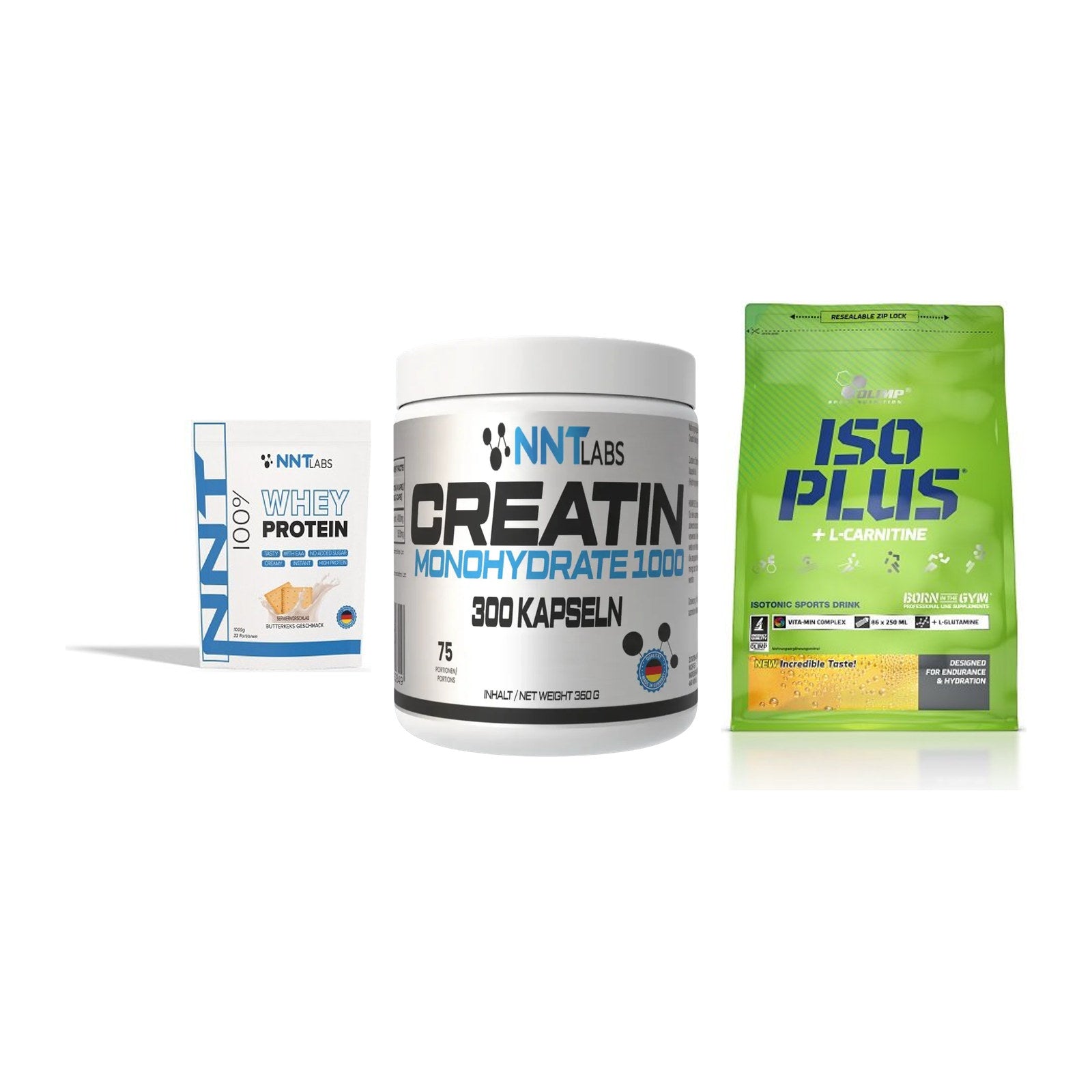 Einsteiger-Set: NNT Whey + NNT Creatin 1000 mg + Olimp Iso Plus – alle enthaltenen Artikel