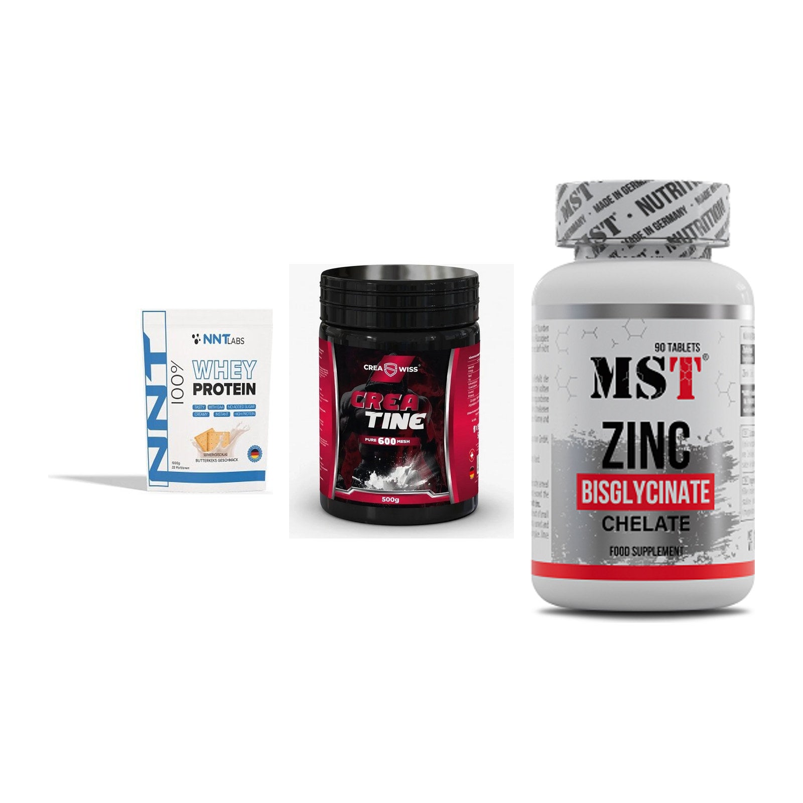 Einsteiger-Set: NNT Whey + CREASWISS + MST Zinc Chelate – alle enthaltenen Artikel