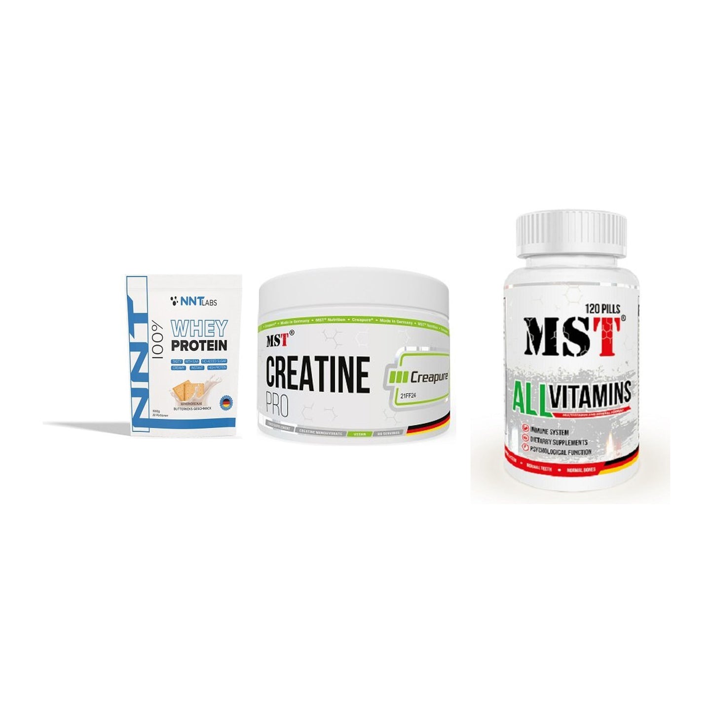 Einsteiger-Set: NNT Whey + MST Creatin Pro + MST All Vitamins – alle enthaltenen Artikel
