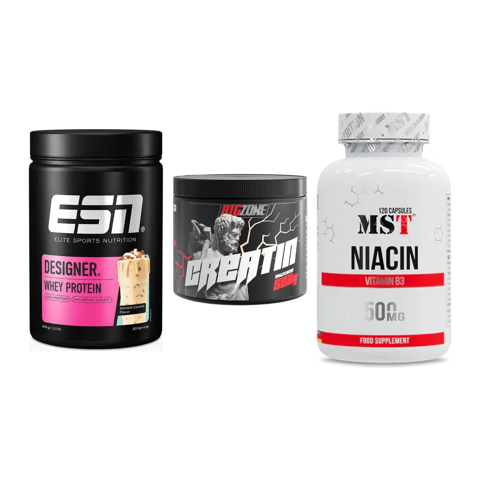 Einsteiger-Set: ESN Designer Whey + Big Zone Creatin + MST Niacin – alle enthaltenen Artikel