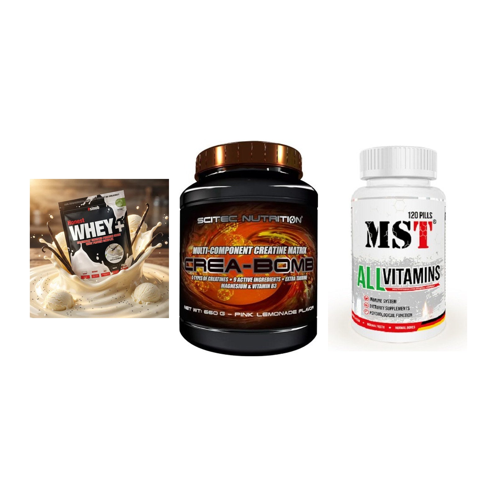 Einsteiger-Set: Sinob Honest + Scitec Crea-Bomb + MST All Vitamins – alle enthaltenen Artikel