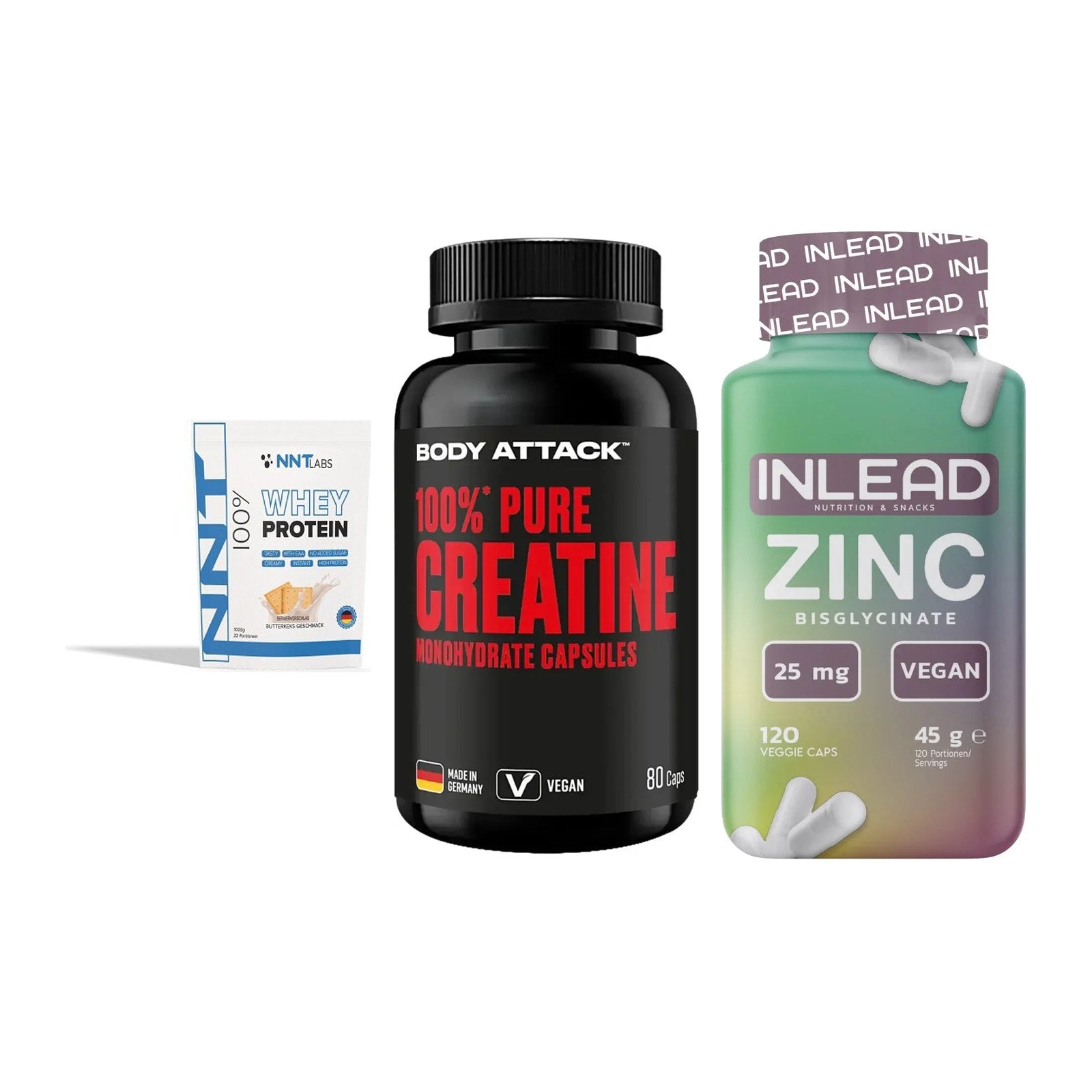Einsteiger-Set: NNT Whey + Body Attack 100% + INLEAD Zink – alle enthaltenen Artikel