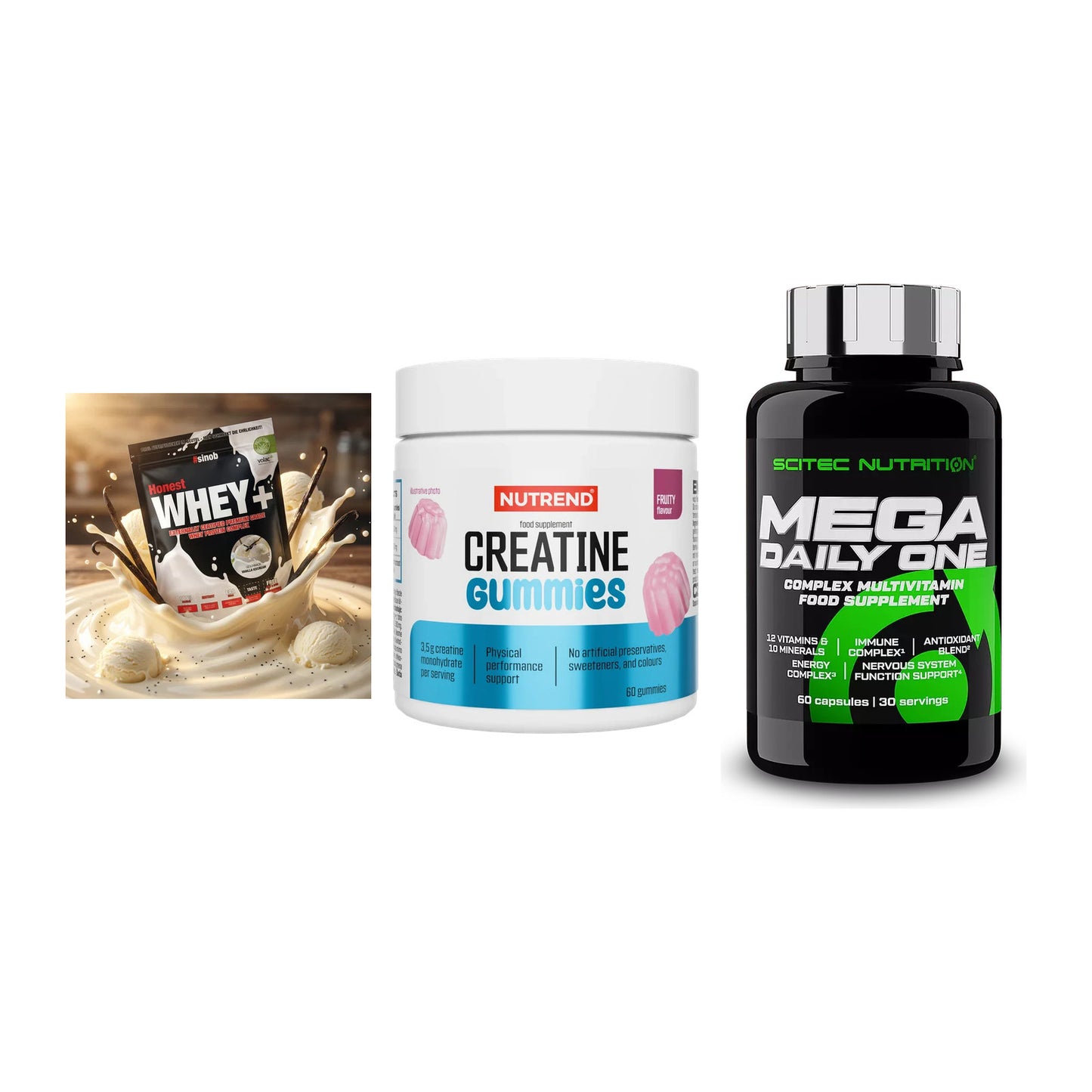 Einsteiger-Set: Sinob Honest + Nutrend Creatine + Scitec Mega – alle enthaltenen Artikel