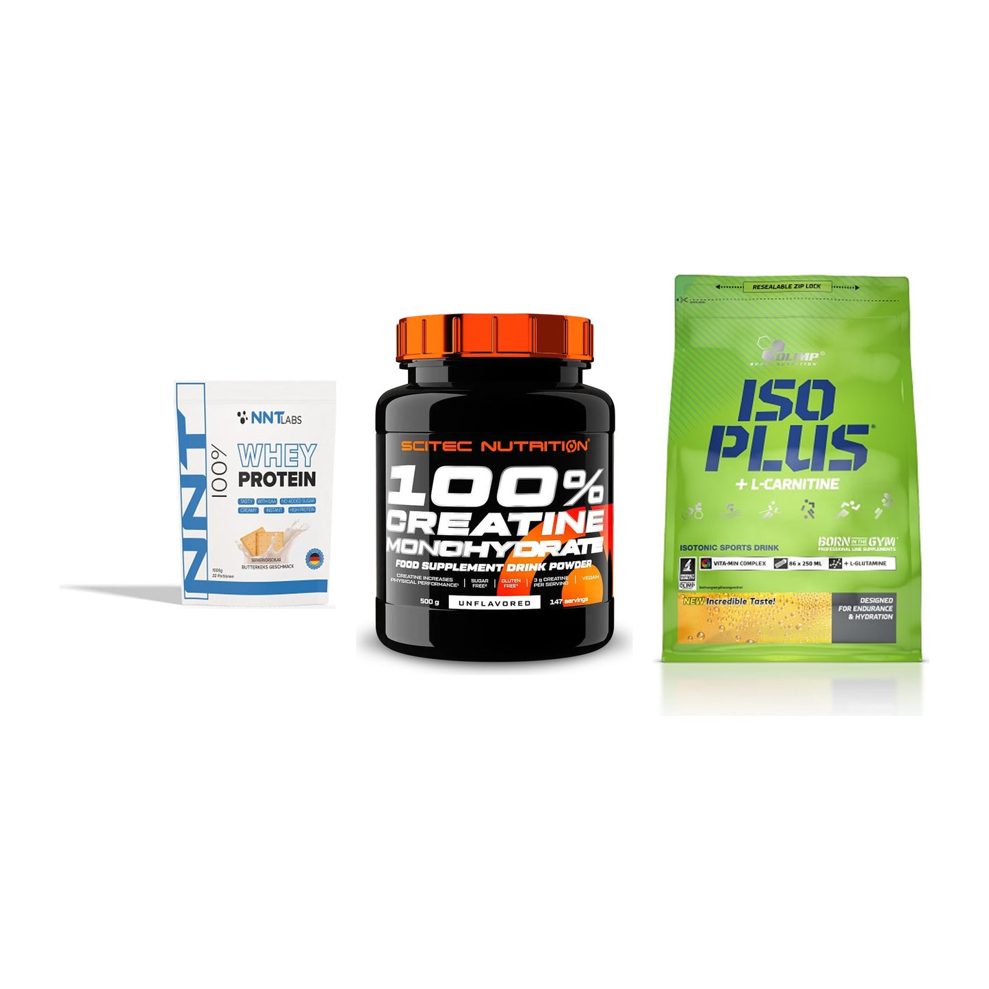 Einsteiger-Set: NNT Whey + Scitec Creatine + Olimp Iso Plus – alle enthaltenen Artikel