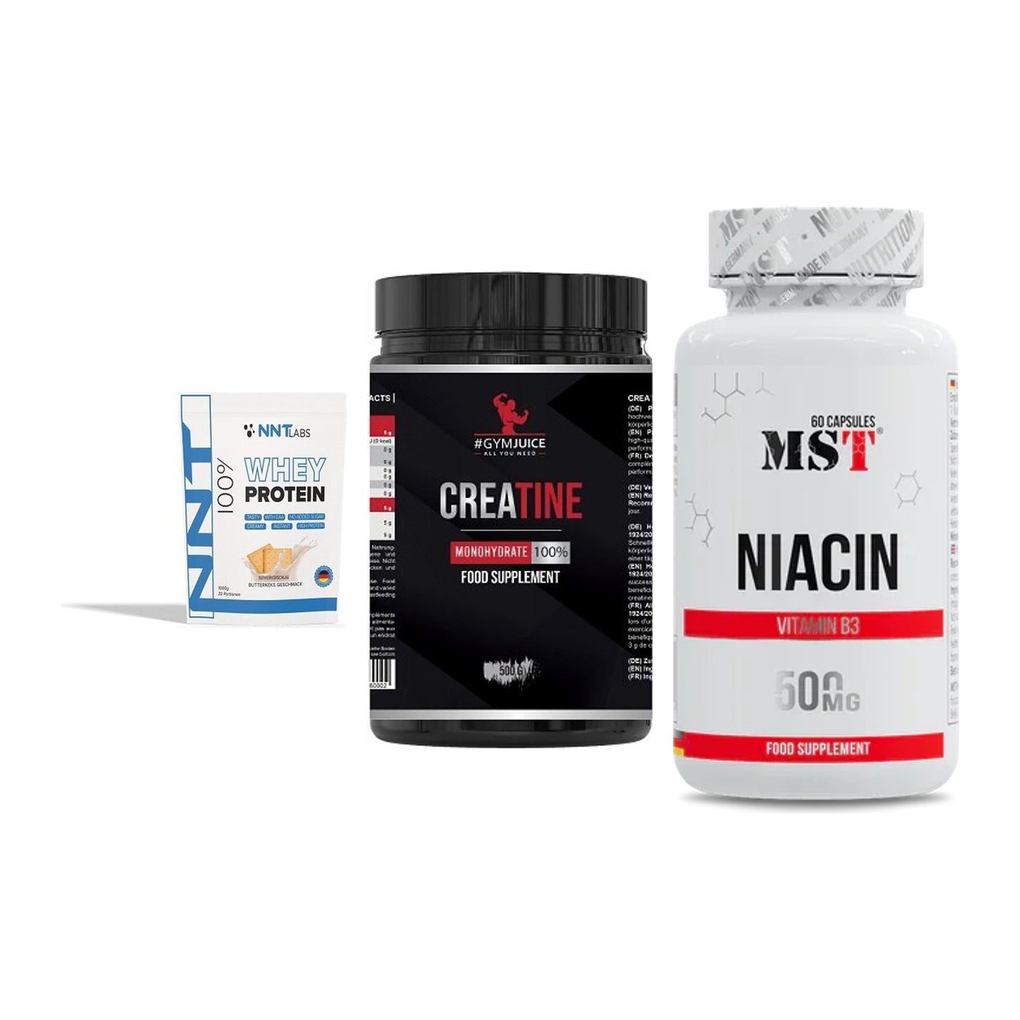 Einsteiger-Set: NNT Whey + #GYMJUICE Creatine Monohydrate + MST Niacin – alle enthaltenen Artikel