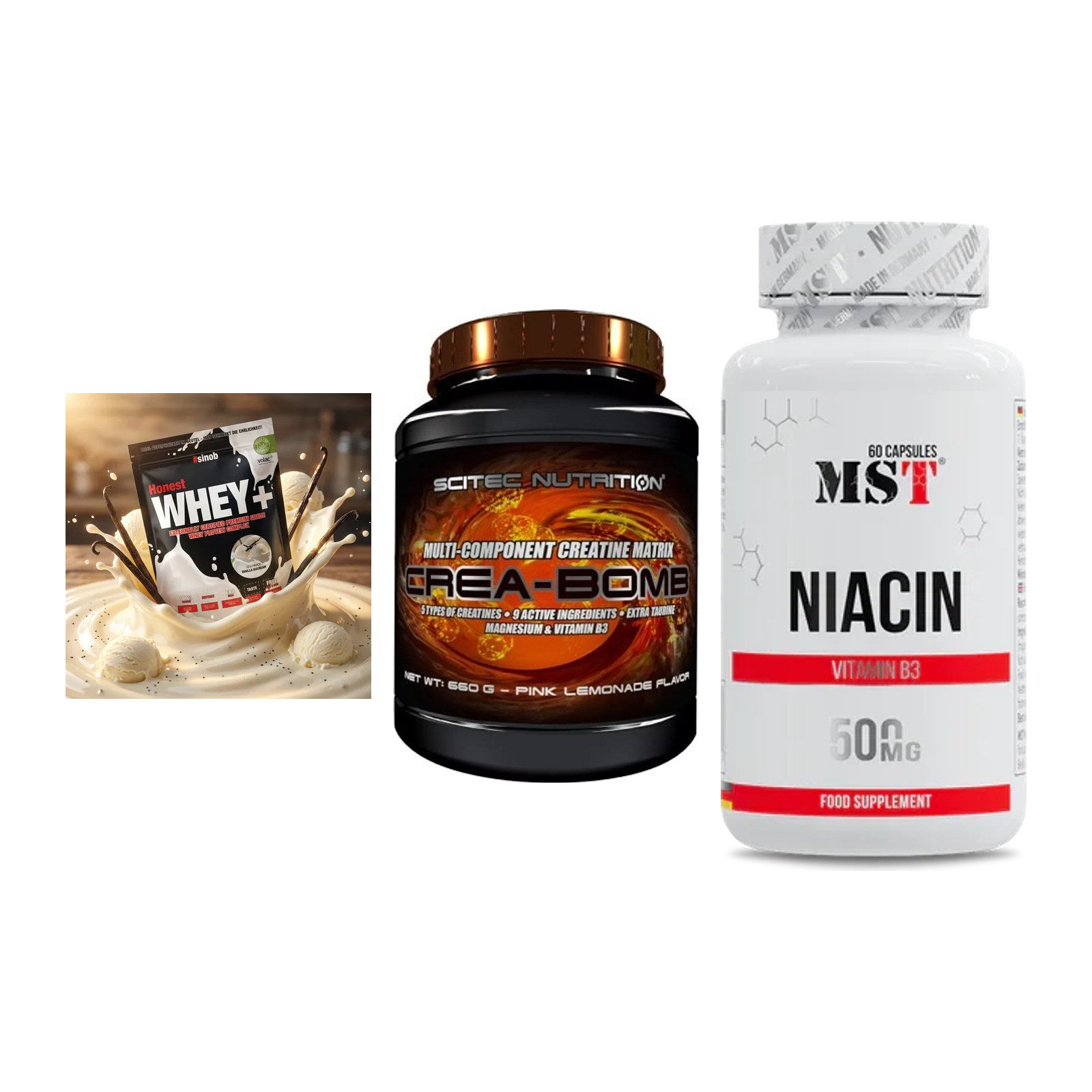Einsteiger-Set: Sinob Honest Whey+ + Scitec Crea-Bomb + MST Niacin – alle enthaltenen Artikel