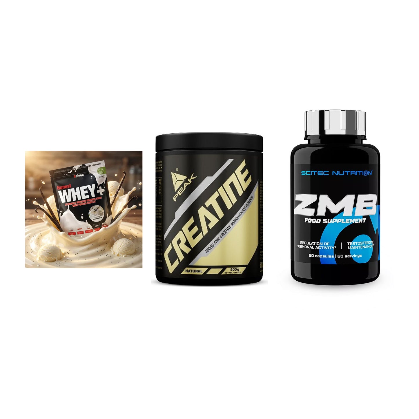 Einsteiger-Set: Sinob Honest Whey+ + Peak Creatin Powder + Scitec ZMB – alle enthaltenen Artikel