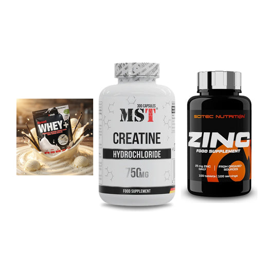 Einsteiger-Set: Sinob Honest Whey+ + MST Creatine HCL + Scitec Zinc – alle enthaltenen Artikel