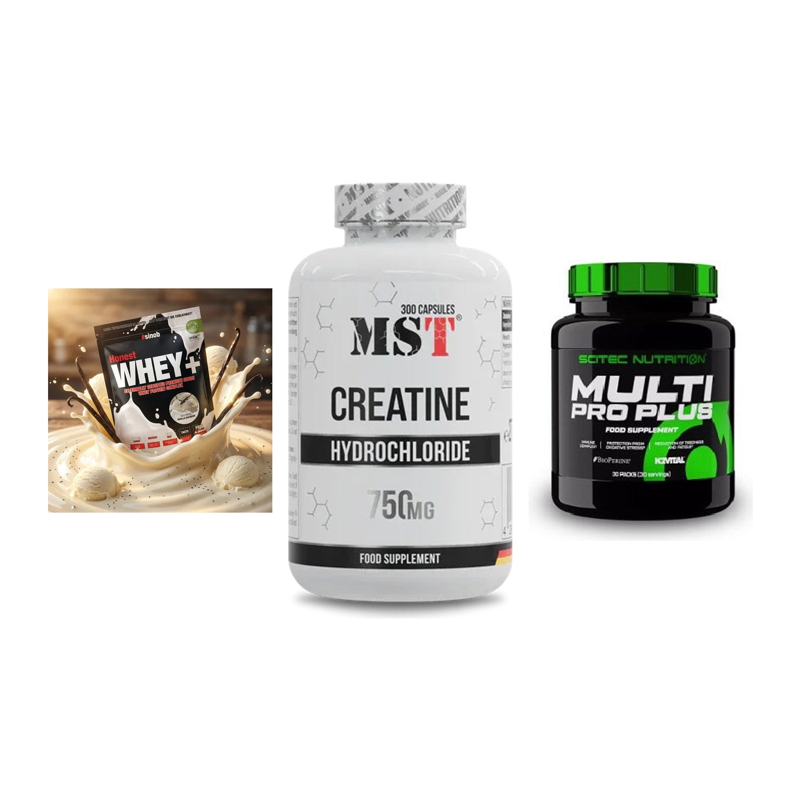 Einsteiger-Set: Sinob Honest + MST Creatine HCL + Scitec Multi Pro – alle enthaltenen Artikel