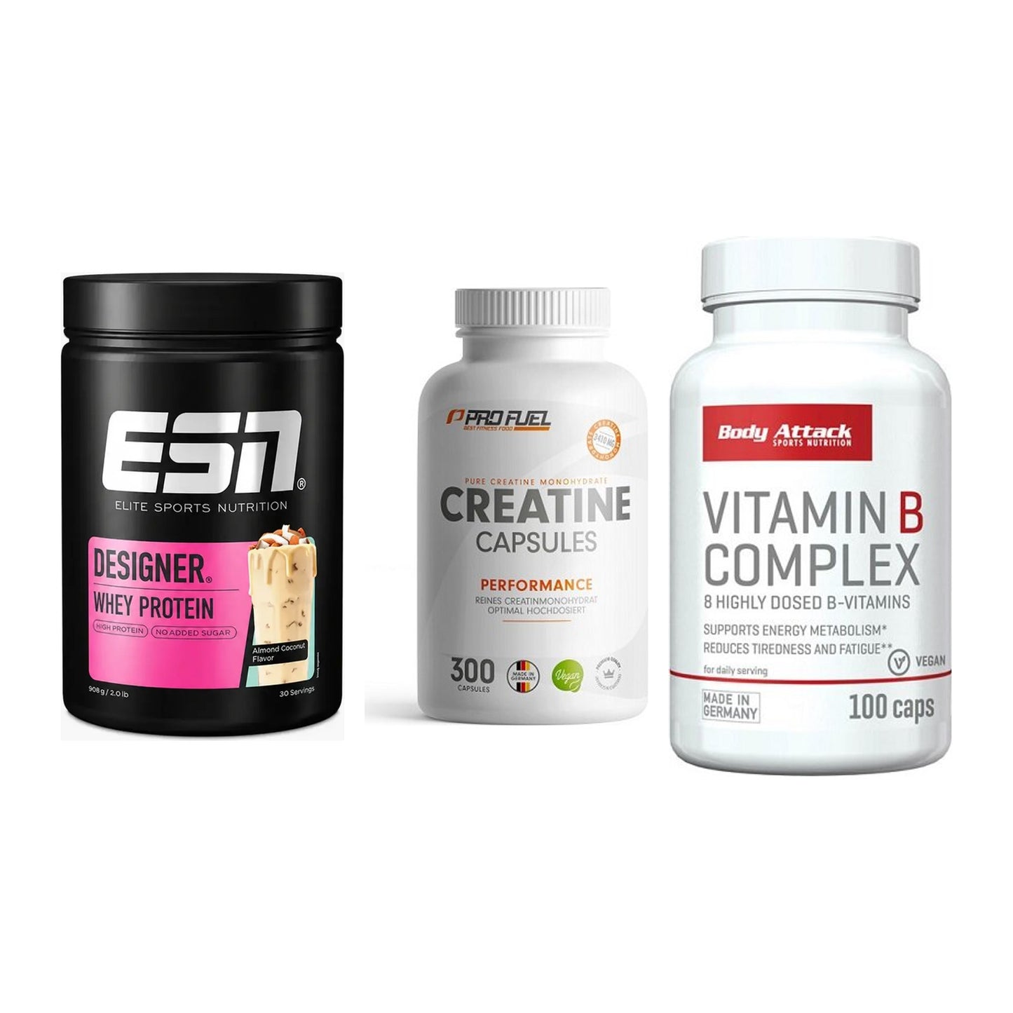 Einsteiger-Set: ESN Designer + ProFuel Creatine + Body Attack – alle enthaltenen Artikel