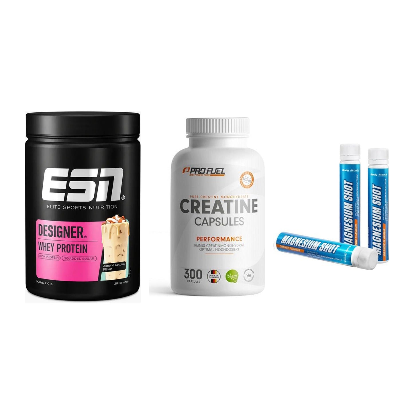Einsteiger-Set: ESN Designer + ProFuel Creatine + Body Attack – alle enthaltenen Artikel