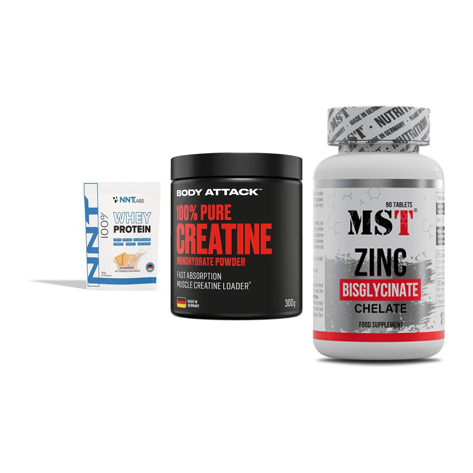 Einsteiger-Set: NNT Whey + Body Attack 100% + MST Zinc Chelate – alle enthaltenen Artikel