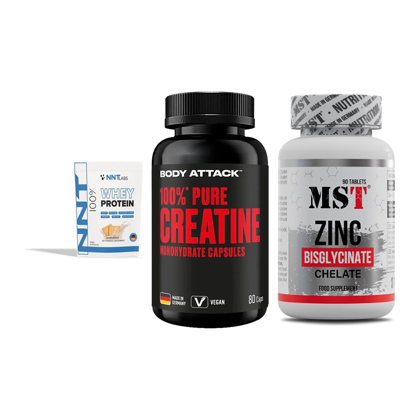 Einsteiger-Set: NNT Whey + Body Attack 100% + MST Zinc Chelate – alle enthaltenen Artikel