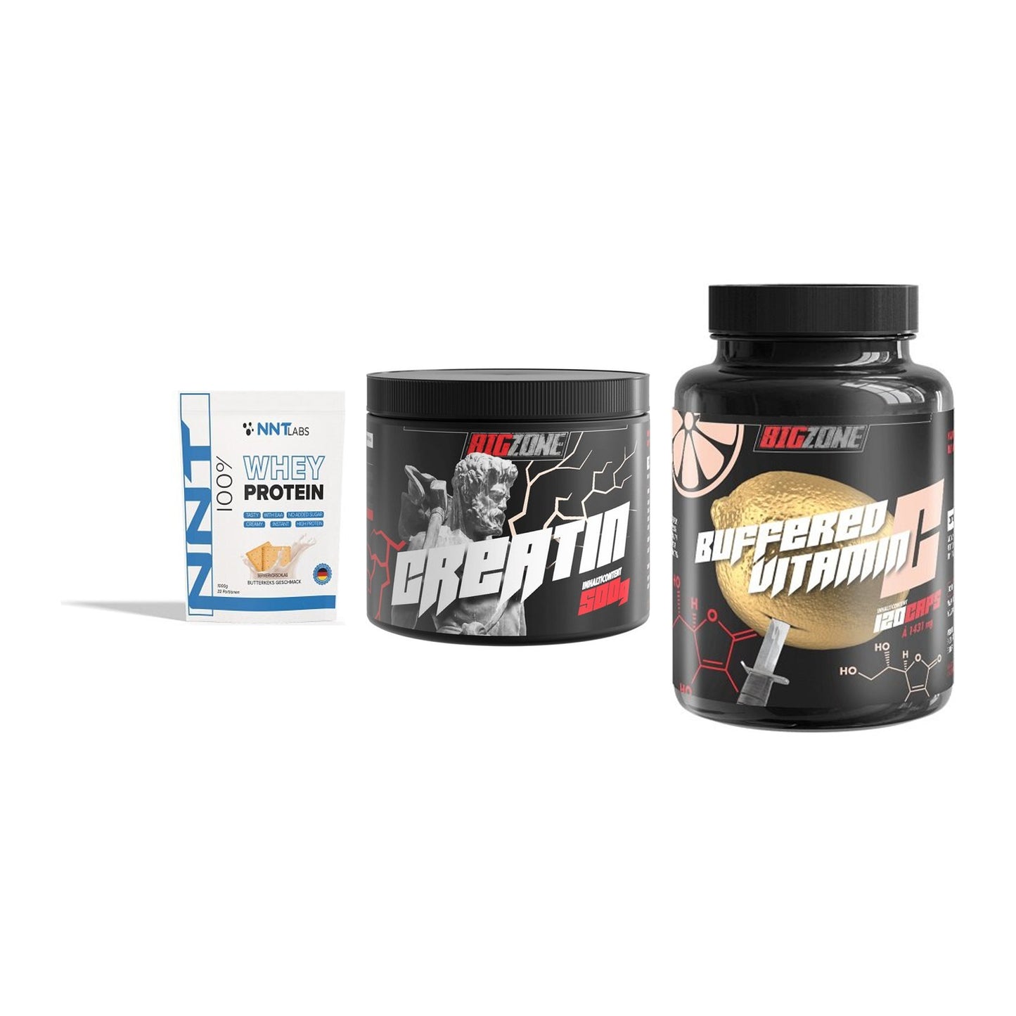 Einsteiger-Set: NNT Whey + Big Zone Creatin + Big Zone Buffere – alle enthaltenen Artikel