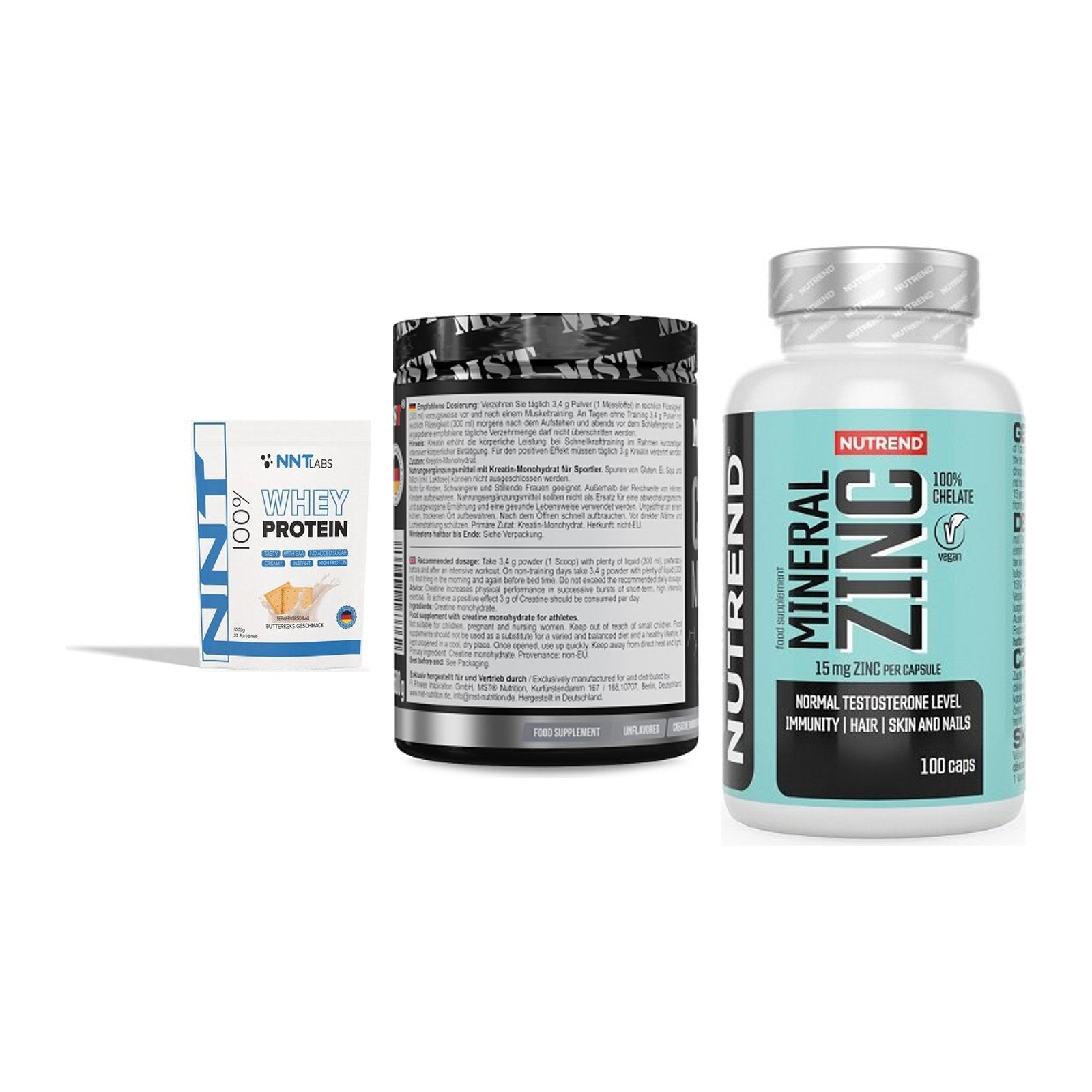 Einsteiger-Set: NNT Whey + MST Creatin + Nutrend Zinc – alle enthaltenen Artikel