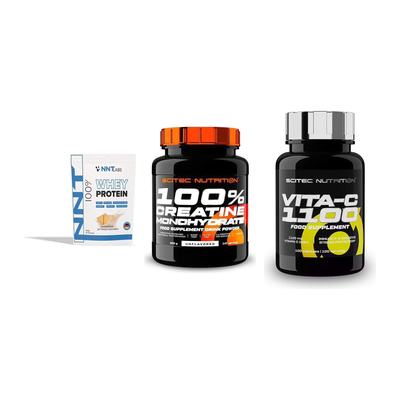 Einsteiger-Set: NNT Whey + Scitec Creatine + Scitec Vitamin C – alle enthaltenen Artikel