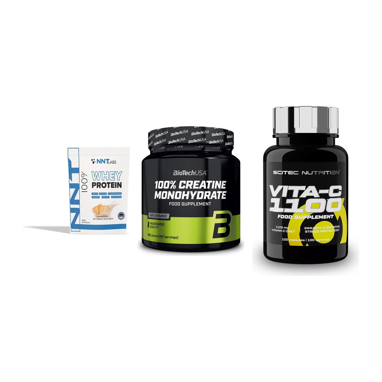 Einsteiger-Set: NNT Whey + BioTech Creatine + Scitec Vitamin C – alle enthaltenen Artikel