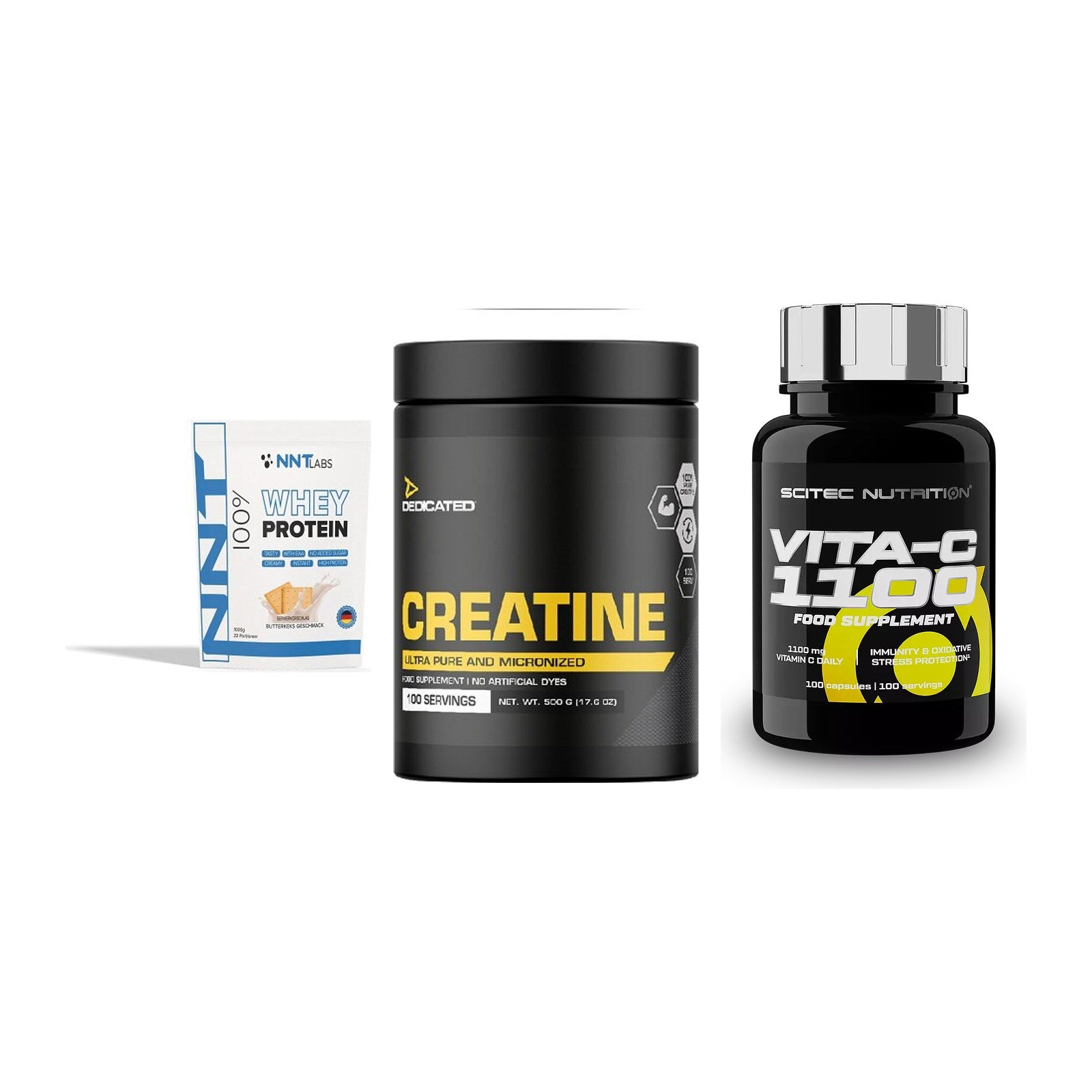 Einsteiger-Set: NNT Whey + Dedicated Creatine + Scitec Vitamin C 1100 – alle enthaltenen Artikel
