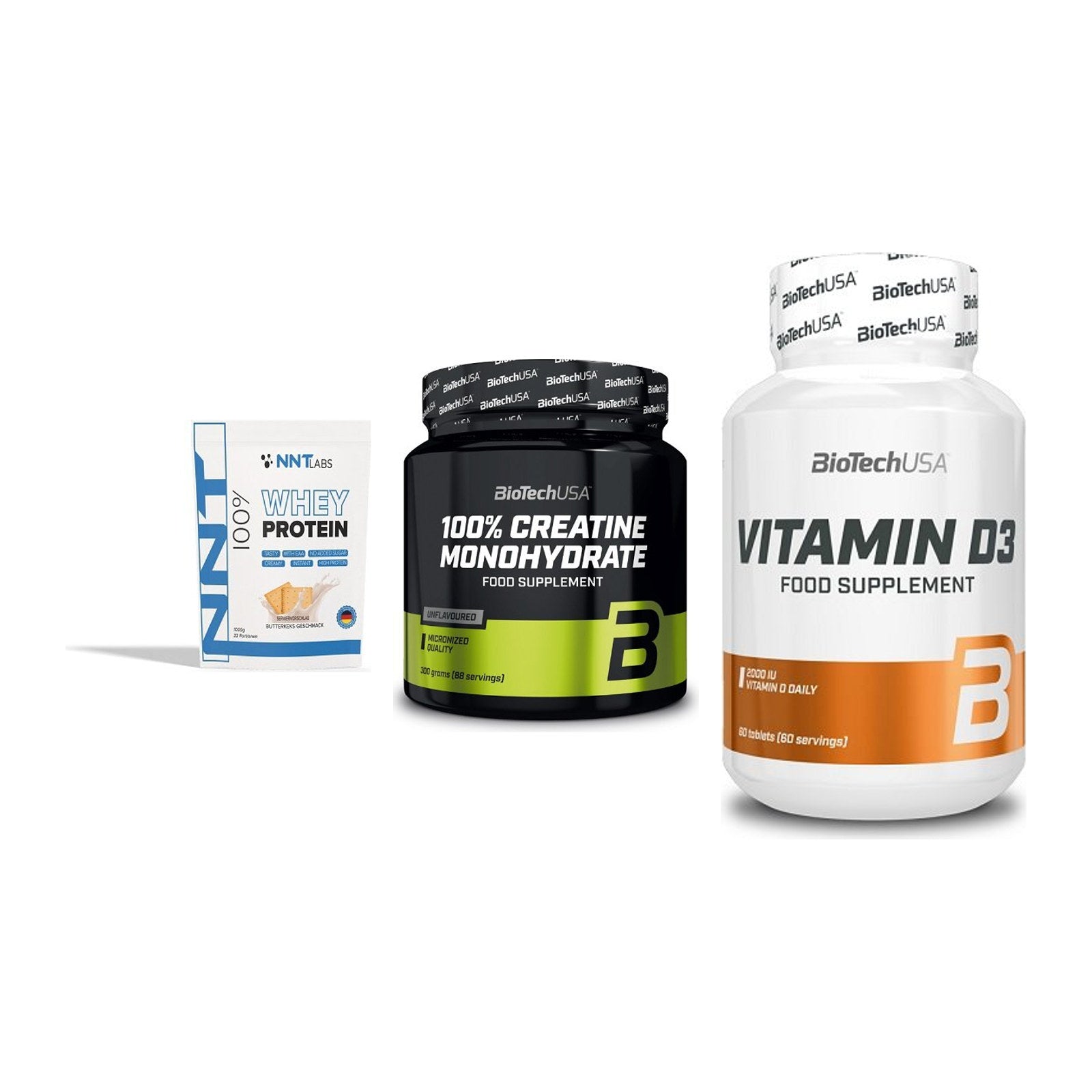 Einsteiger-Set: NNT Whey + BioTech Creatine + BioTech Vitamin – alle enthaltenen Artikel