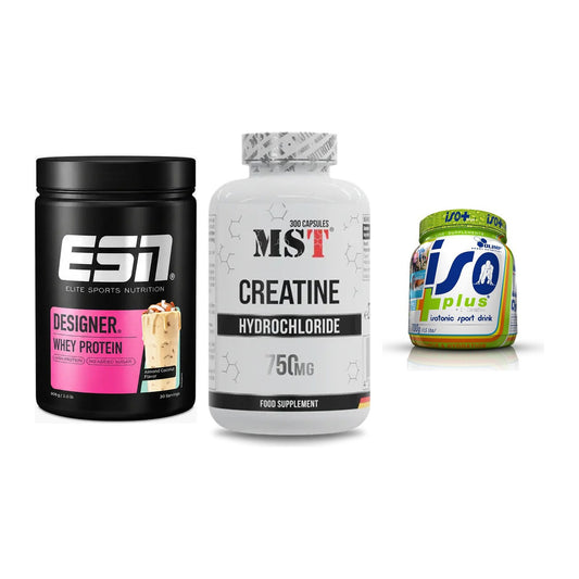 Einsteiger-Set: ESN Designer Whey + MST Creatine HCL + Olimp Iso Plus – alle enthaltenen Artikel