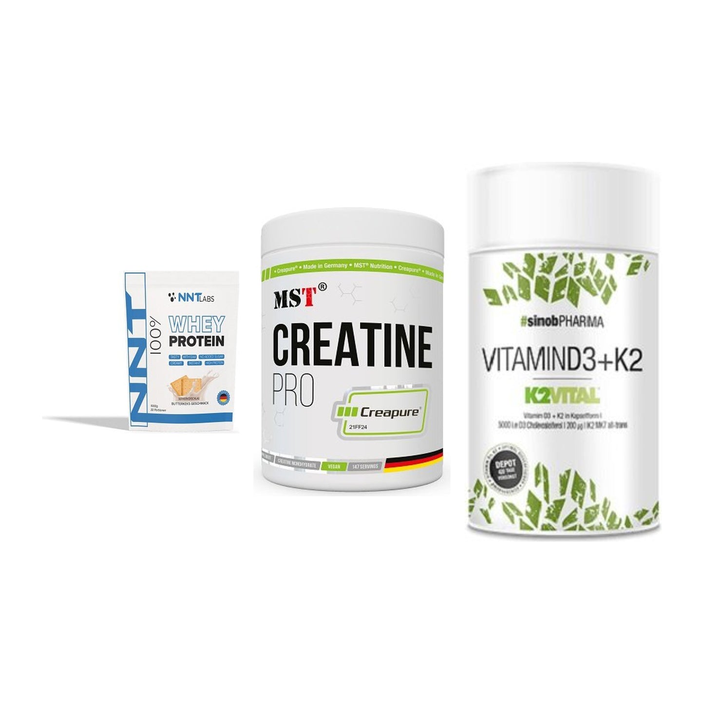 Einsteiger-Set: NNT Whey + MST Creatin Pro + Sinob Vitamin D3 – alle enthaltenen Artikel