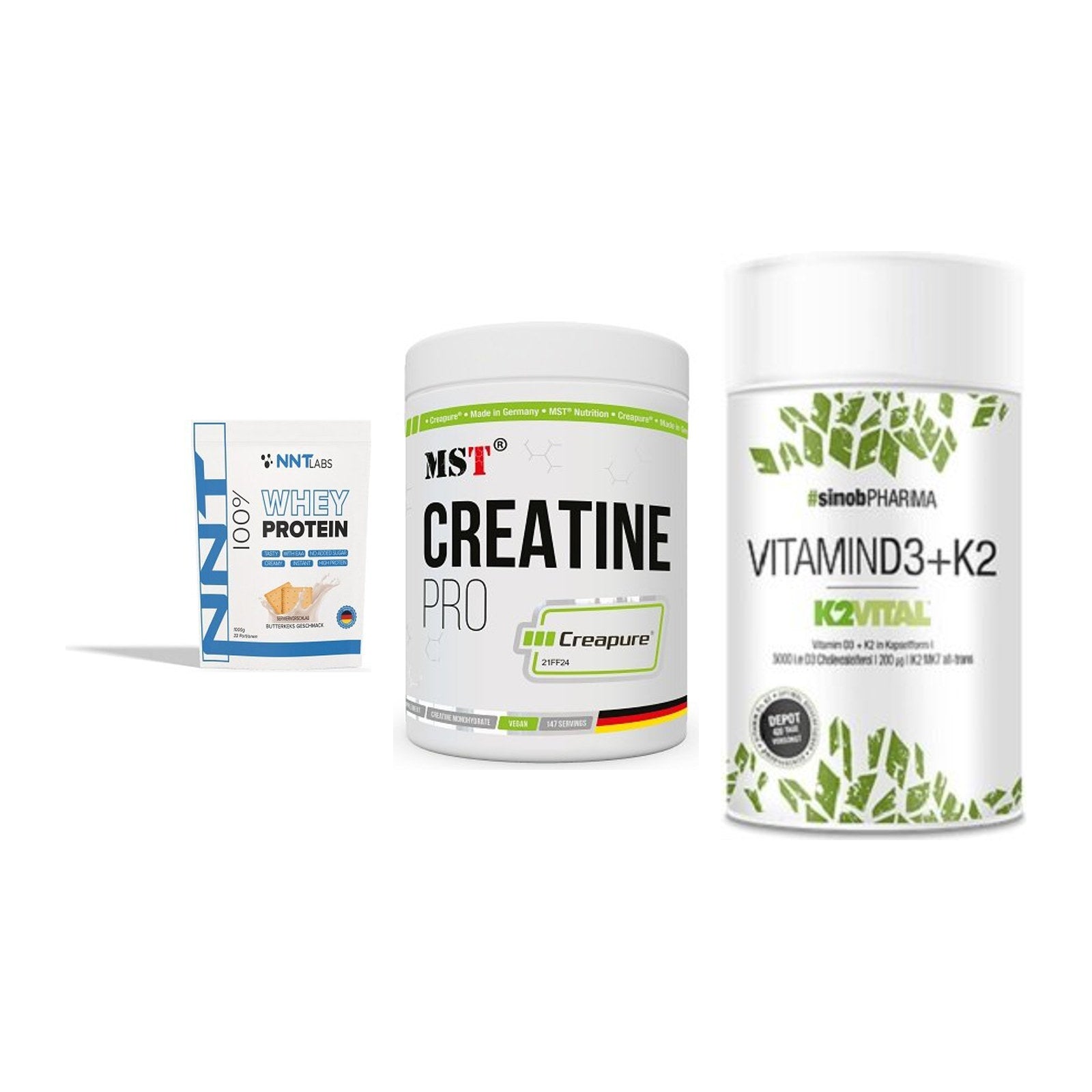 Einsteiger-Set: NNT Whey + MST Creatin Pro + Sinob Vitamin D3 – alle enthaltenen Artikel