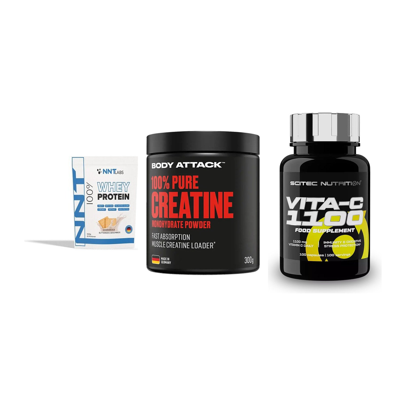 Einsteiger-Set: NNT Whey + Body Attack 100% + Scitec Vitamin C – alle enthaltenen Artikel