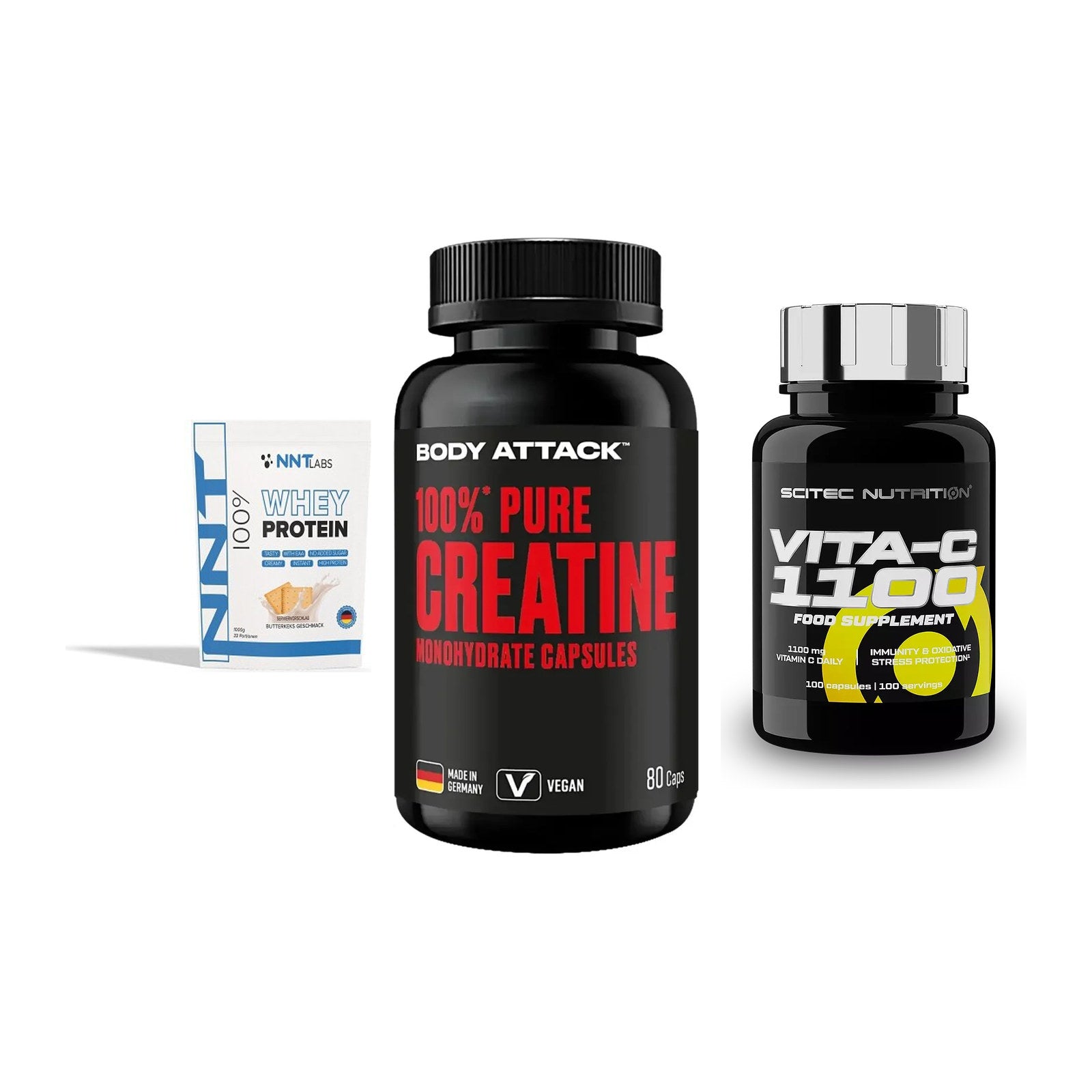 Einsteiger-Set: NNT Whey + Body Attack 100% + Scitec Vitamin C – alle enthaltenen Artikel