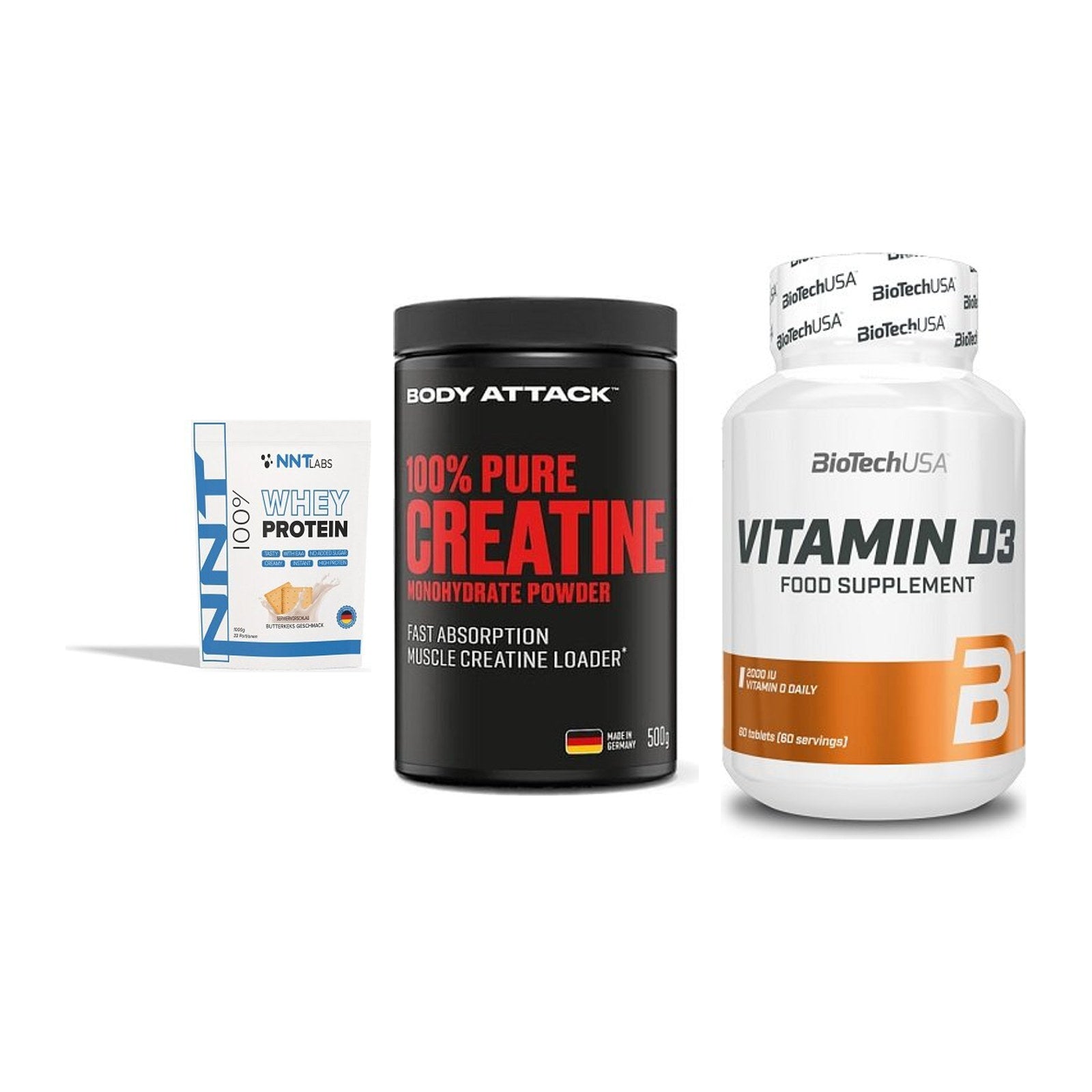 Einsteiger-Set: NNT Whey + Body Attack 100% + BioTech Vitamin – alle enthaltenen Artikel