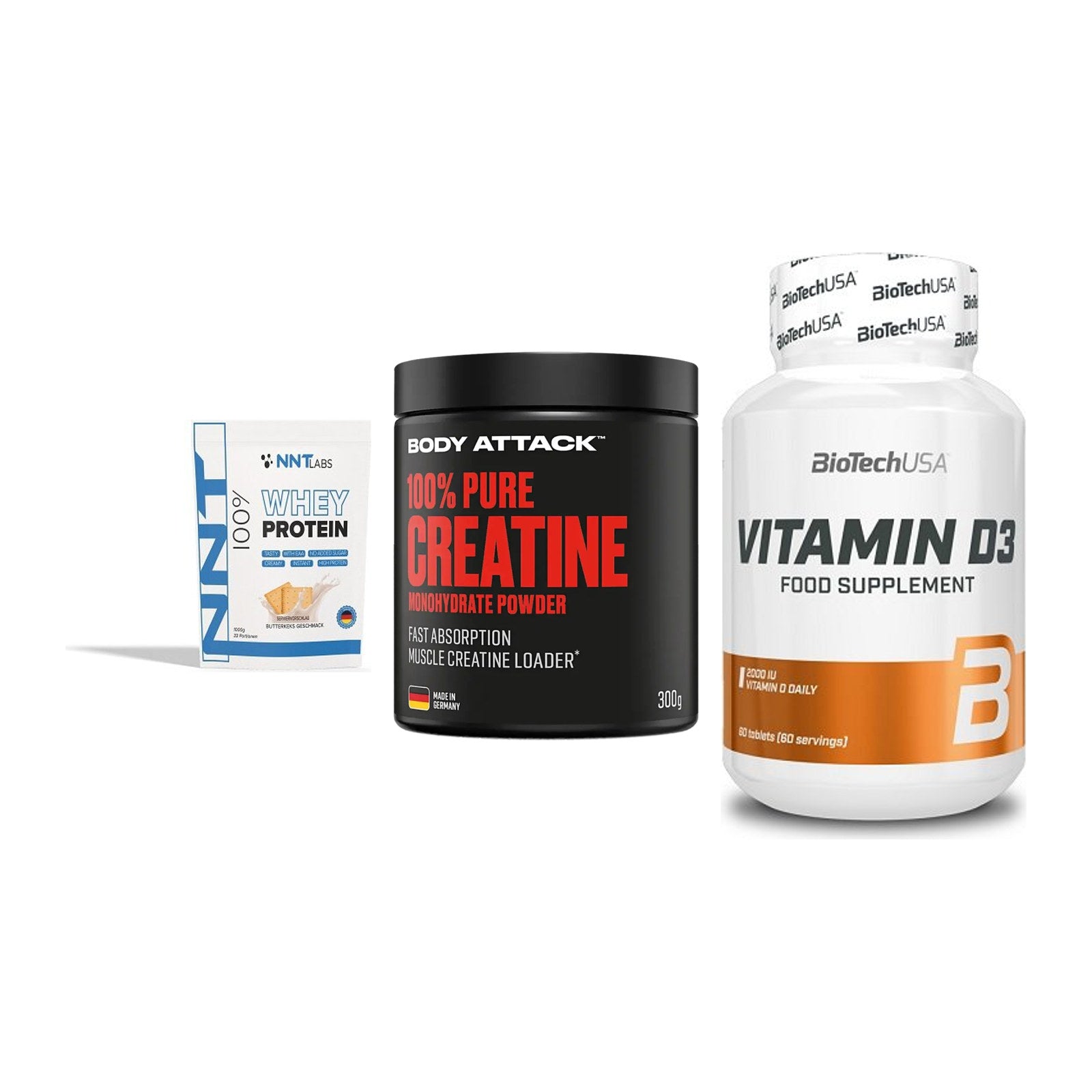 Einsteiger-Set: NNT Whey + Body Attack 100% + BioTech Vitamin – alle enthaltenen Artikel