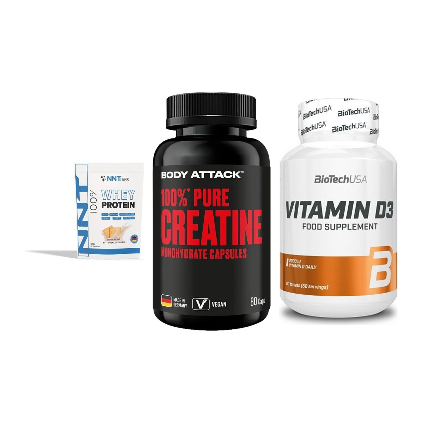 Einsteiger-Set: NNT Whey + Body Attack 100% + BioTech Vitamin – alle enthaltenen Artikel