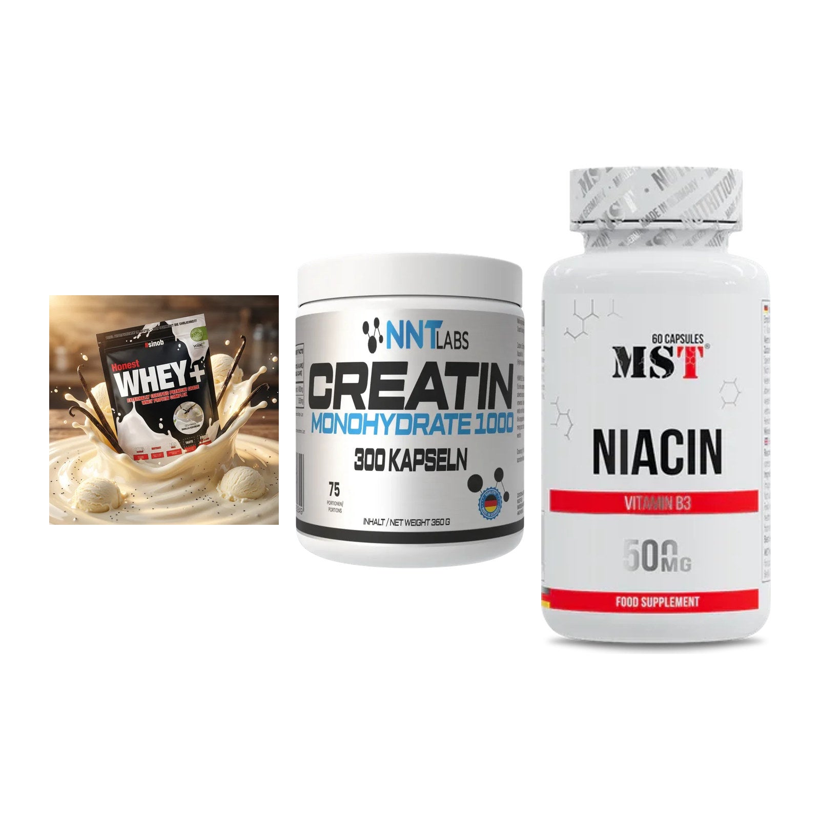 Einsteiger-Set: Sinob Honest Whey+ + NNT Creatin 1000 mg + MST Niacin – alle enthaltenen Artikel