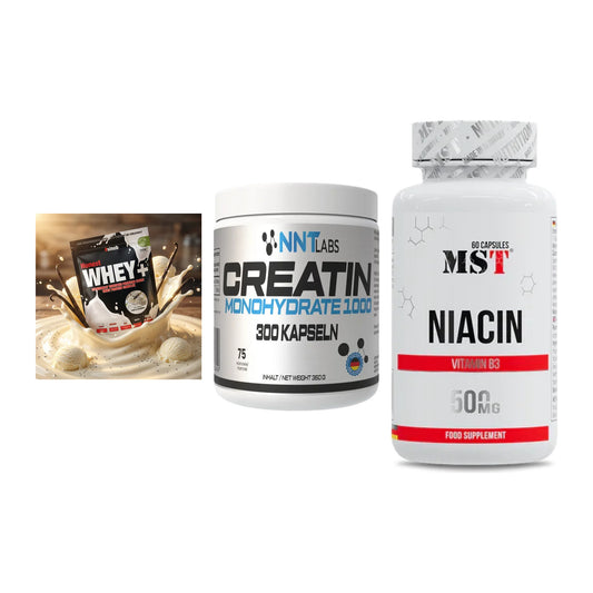 Einsteiger-Set: Sinob Honest Whey+ + NNT Creatin 1000 mg + MST Niacin – alle enthaltenen Artikel