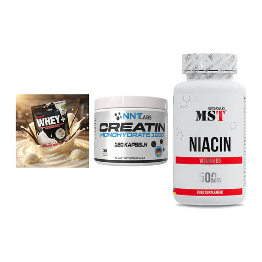 Einsteiger-Set: Sinob Honest Whey+ + NNT Creatin 1000 mg + MST Niacin – alle enthaltenen Artikel