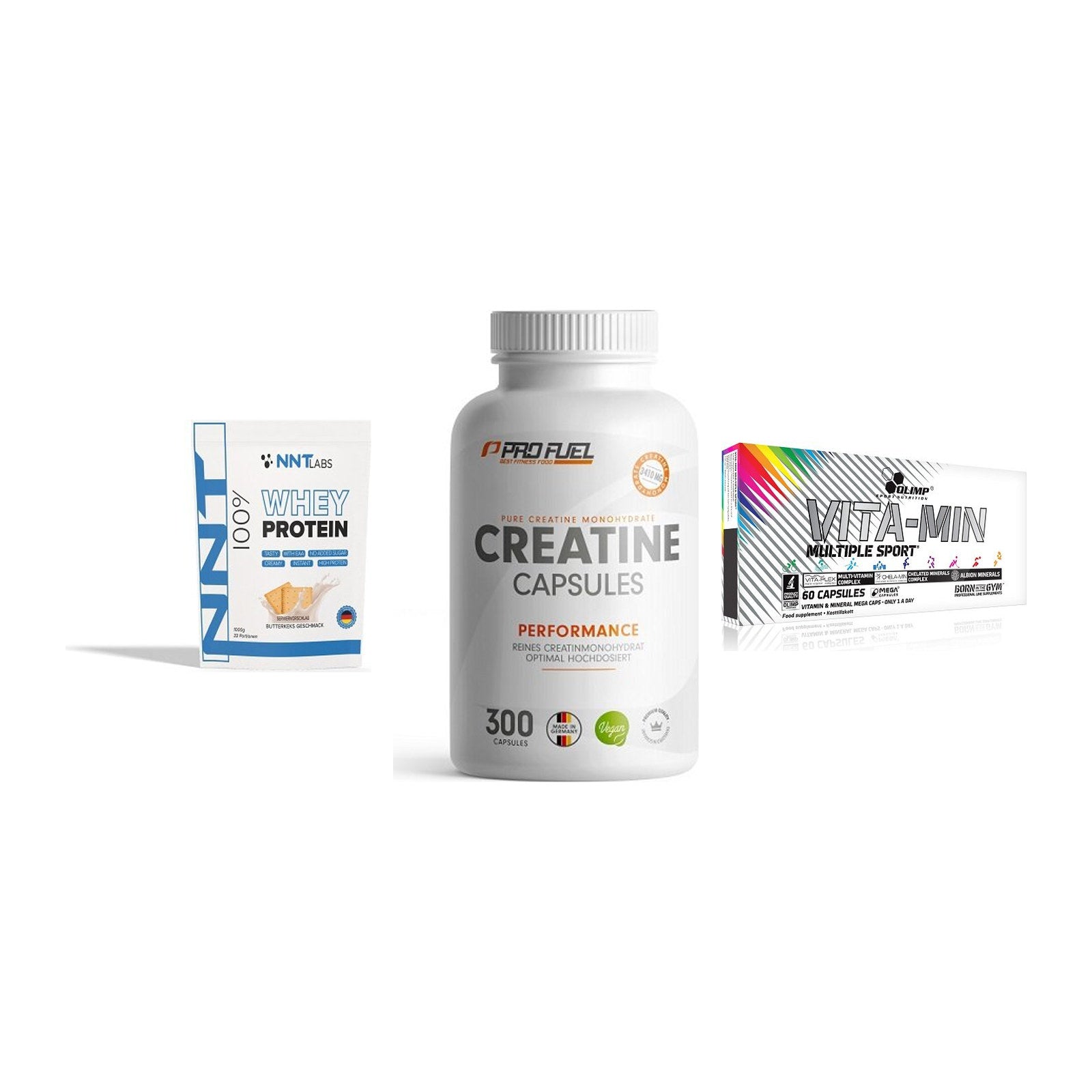 Einsteiger-Set: NNT Whey + ProFuel Creatine + Olimp Vita-Min – alle enthaltenen Artikel