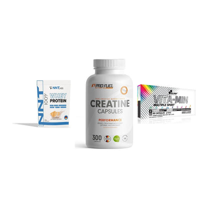 Einsteiger-Set: NNT Whey + ProFuel Creatine + Olimp Vita-Min – alle enthaltenen Artikel