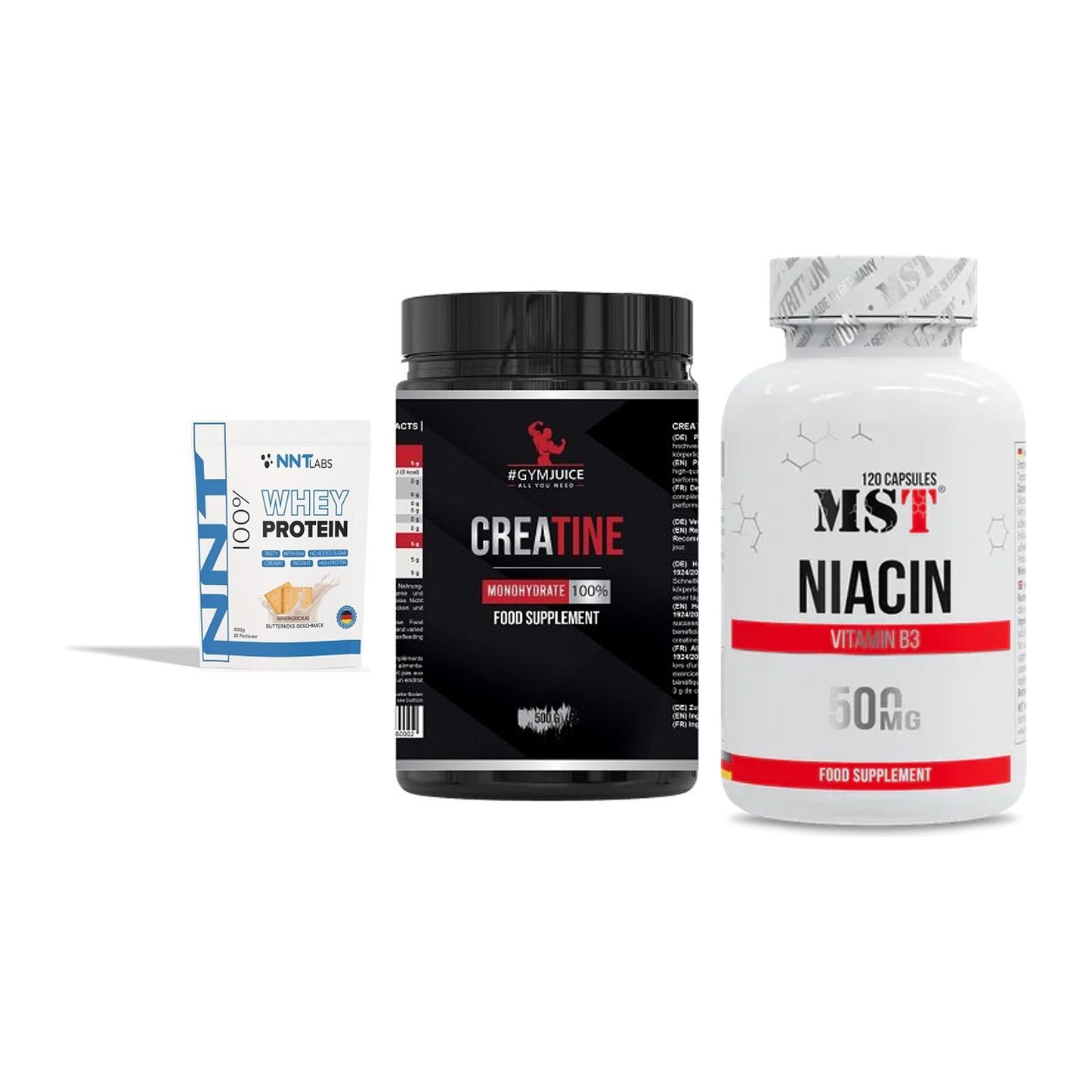 Einsteiger-Set: NNT Whey + #GYMJUICE Creatine Monohydrate + MST Niacin – alle enthaltenen Artikel